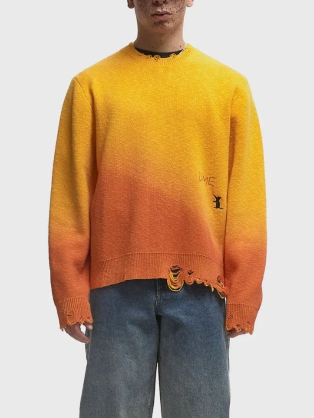 DIME NWT Embroidered Cat Sunset Gradient Distressed Orange Yellow Sweater XL